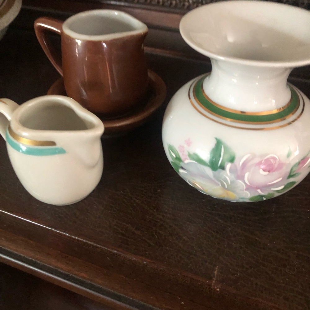 Limoges Floral Hand-Painted Porcelain VaseRustic Cup:Saucer, Langenthal Pitcher
